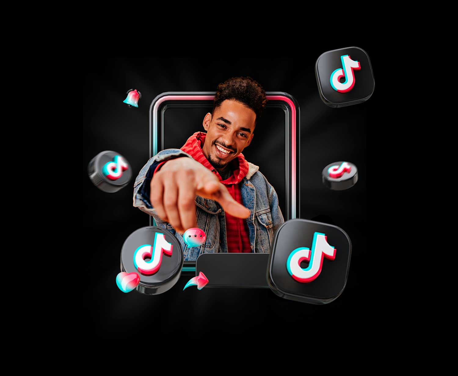Tiktok Influencers jovem saindo de uma tela apontando o dedo indicador para frente1