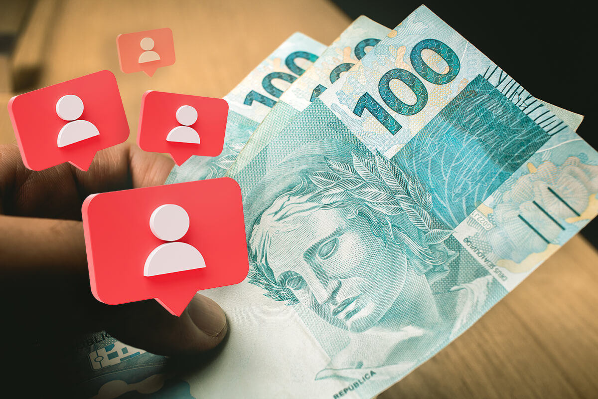 capa_blog_uma_mão_segurando_3_notas_de_100reais_ e_4_baloes_vermelhos_de_seguidores_ sobre_a_imagem