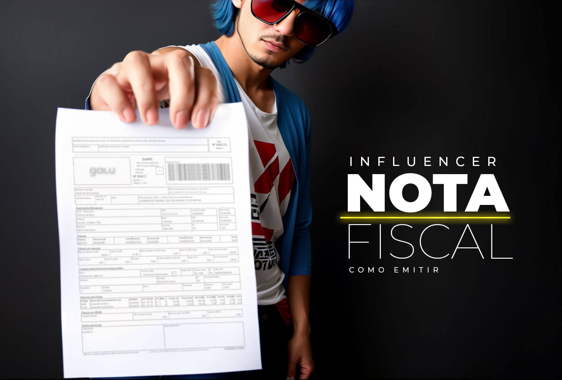 Influencer de cabelo azul segunrando uma nota fiscal, representando o artigo: Como o MEI Influencer deve emitir a nota fiscal. Foto: @Metrópole 4