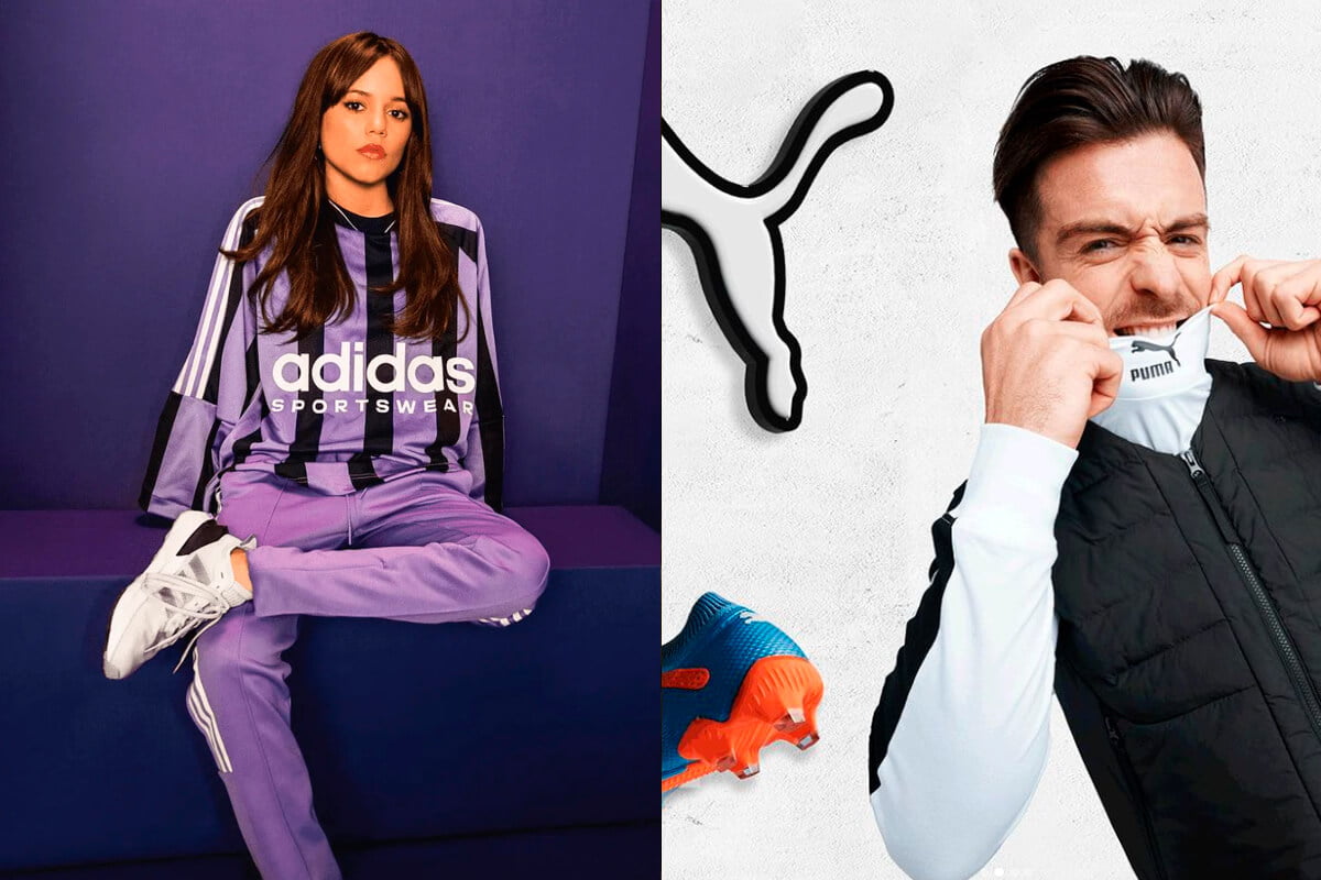 Embaixadores das marcas Adidas e Puma: Jenna Ortega e Jack Grealish representam as marcas com autenticidade e estilo, unindo-se &agrave;s comunidades de f&atilde;s e compartilhando seus valores e vis&atilde;o. Foto: @Freepik