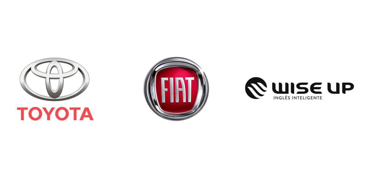 Logomarcas de grandes empresas, como Toyota, Fiat e WiseUp, que j&aacute; entenderam a import&acirc;ncia do endomarketing e o aplicam. Foto: @Freepik.