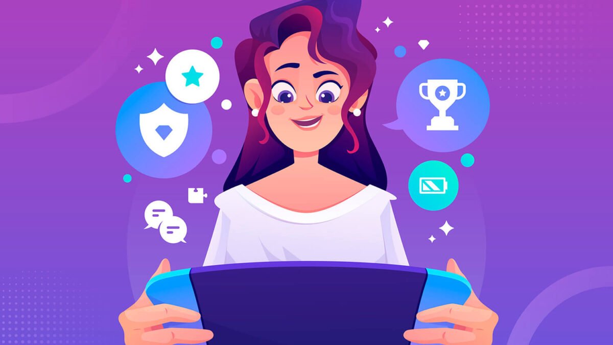 Capa benef. gamif. desenho feminino de frente um notebook e dele saindo vários ícones de gamificação