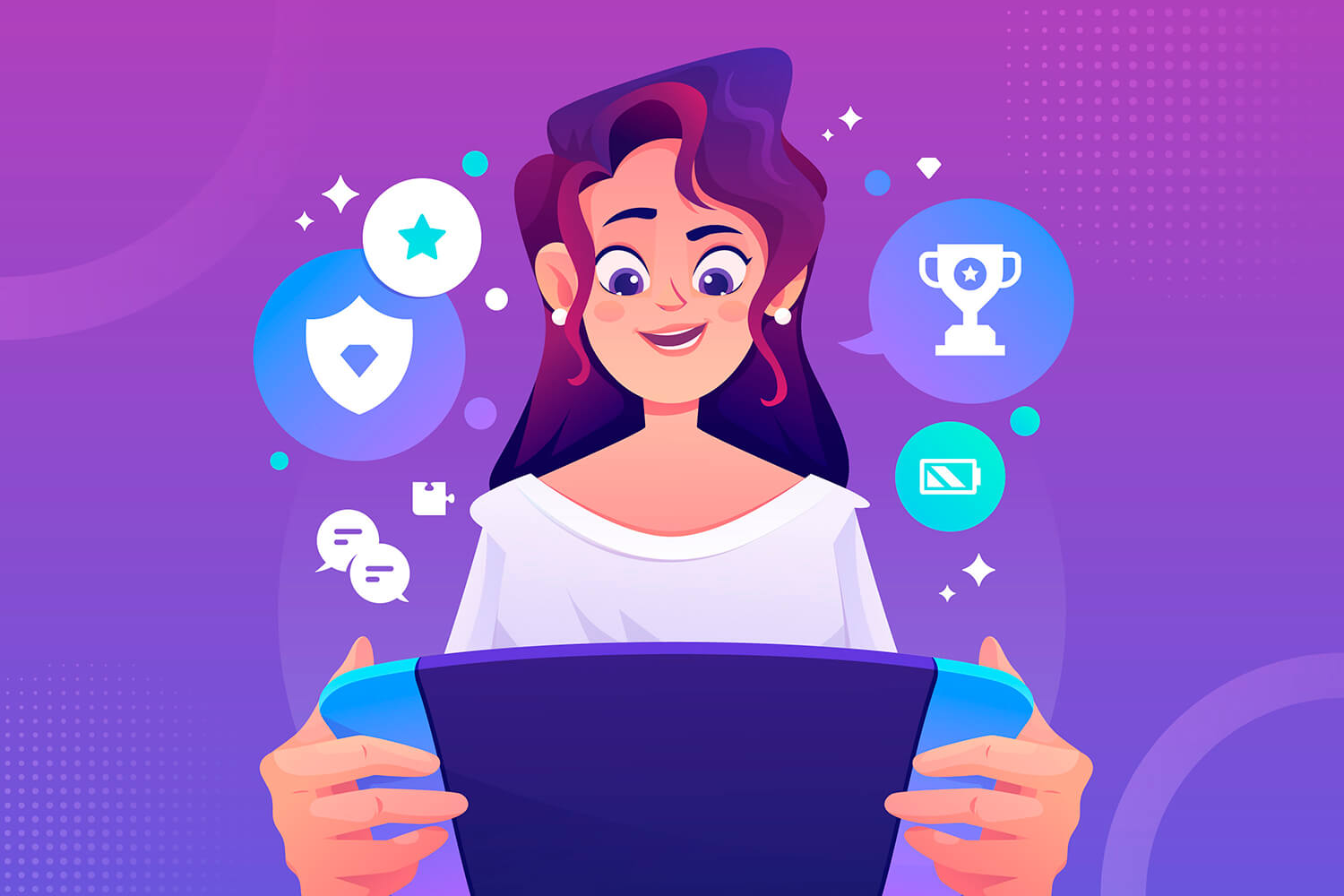 Capa benef. gamif. desenho feminino de frente um notebook e dele saindo vários ícones de gamificação